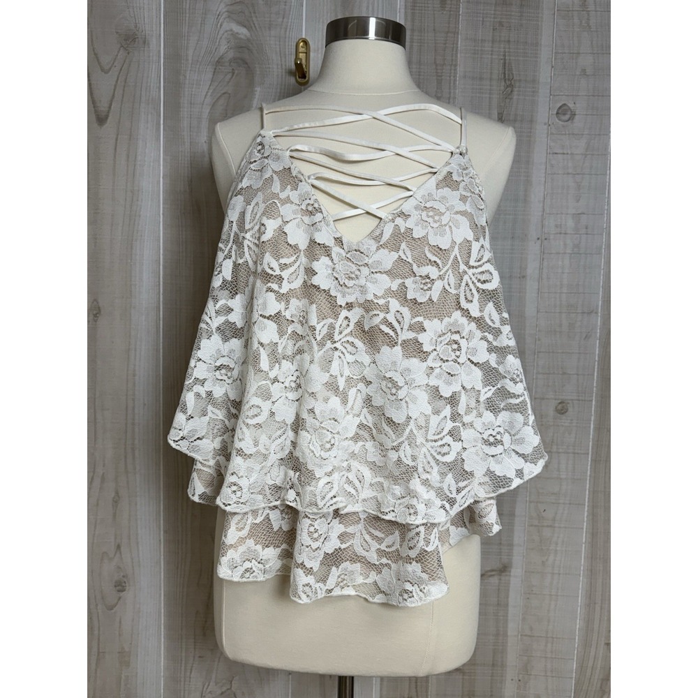 Express Double Layered Floral Lace Cream Top Cami Straps Flowy Boho L